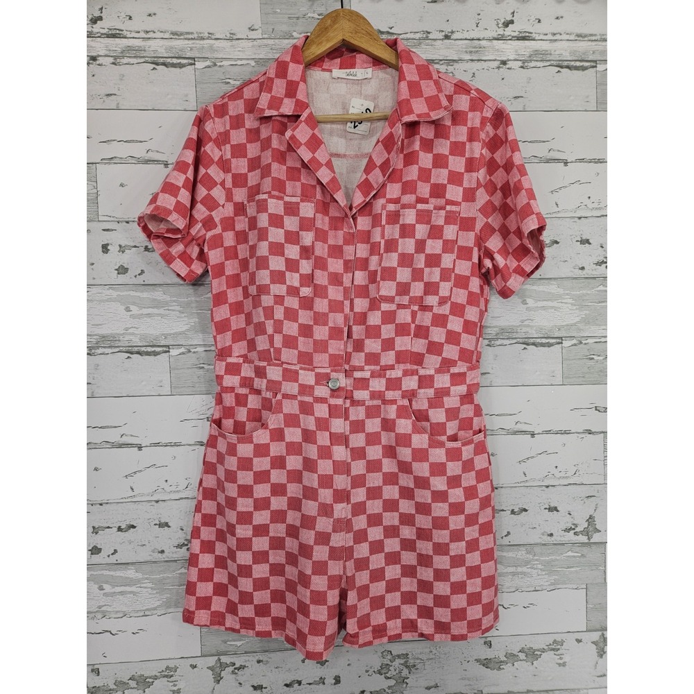 Talulah Womens Pink Red Checkered Short Sleeve Cotton Romper Size L
